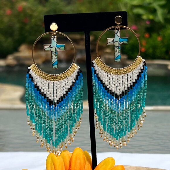 Handmade Beaded Long Faith Fringe Cross Dangle Drop Lightweight Post Earrings - Picture 5 of 11